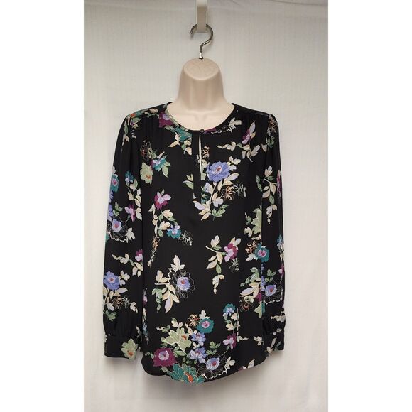Ann Taylor LOFT Floral Keyhole Tunic Blouse Top Size Small Multicolor Black - Picture 4 of 10